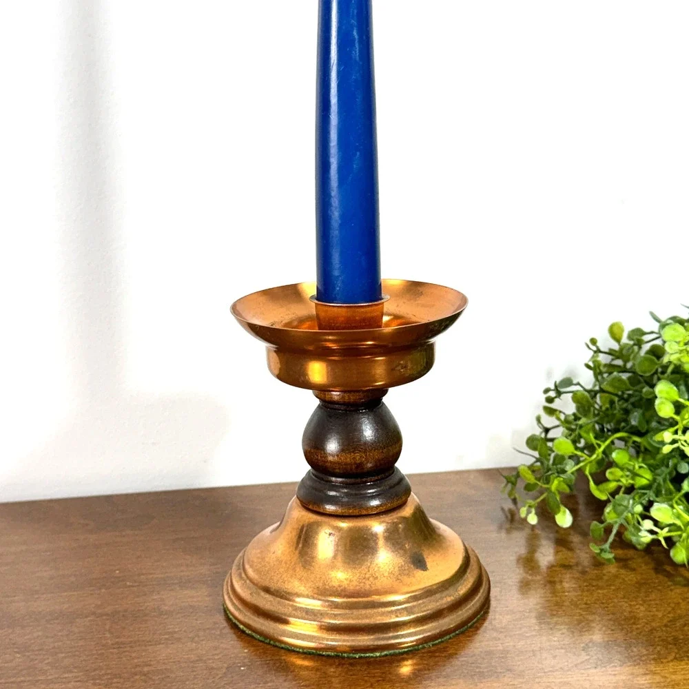 Vintage Copper Candlestick Holder Coppercraft Guild Taunton Mass USA Wood
